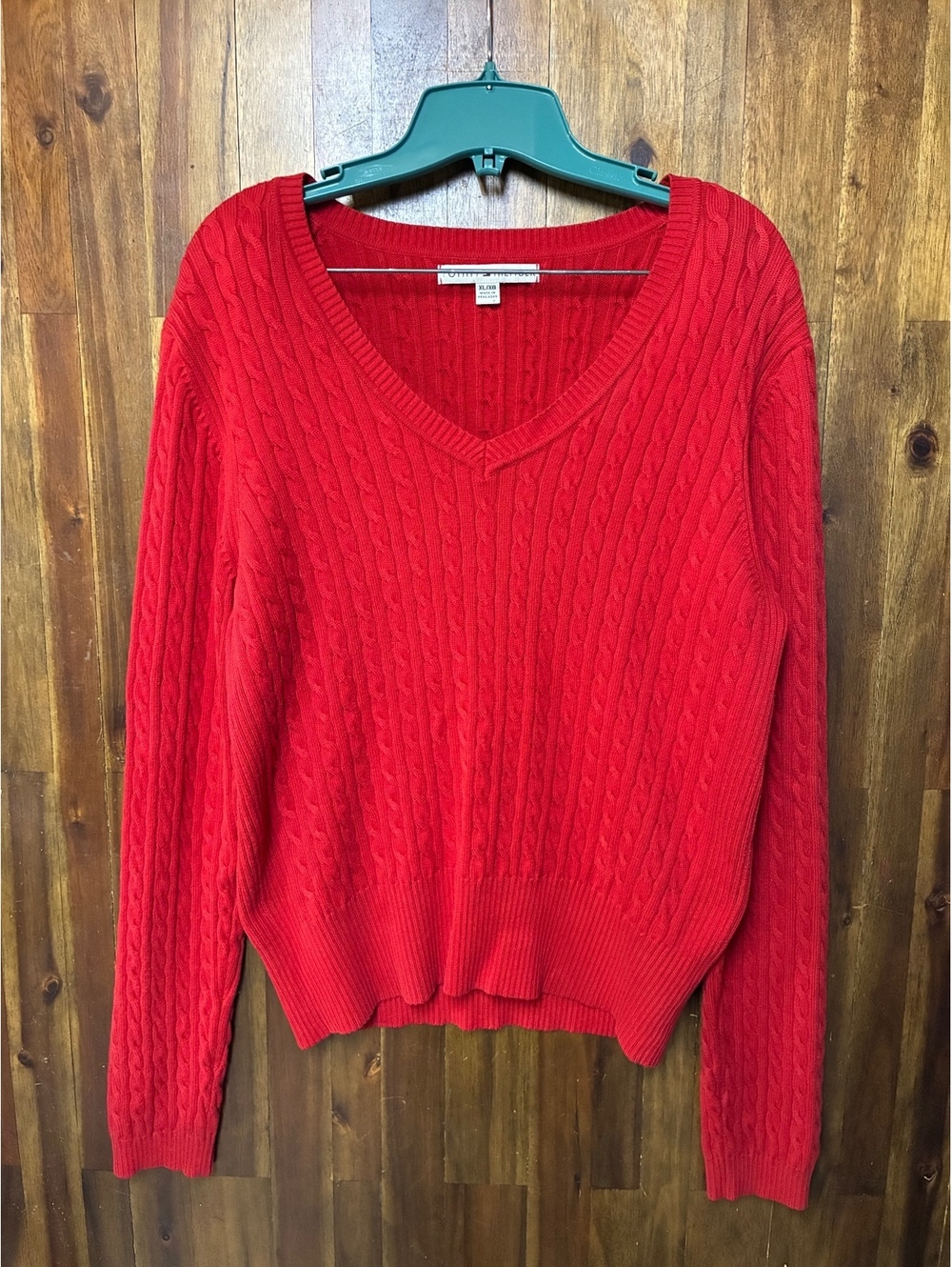 Tommy Hilfiger Red Cable Knit V Neck Sweater XL Y2K Preppy Vintage 2005